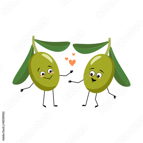 Olive character with love emotions, smile face, arms and legs. Person with happy expression, fruit emoticon. Vector flat illustration