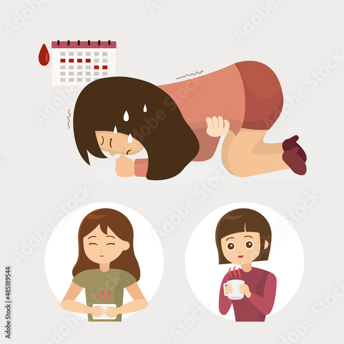 Woman with Cramps Using Heat Therapy and Drinking Tea