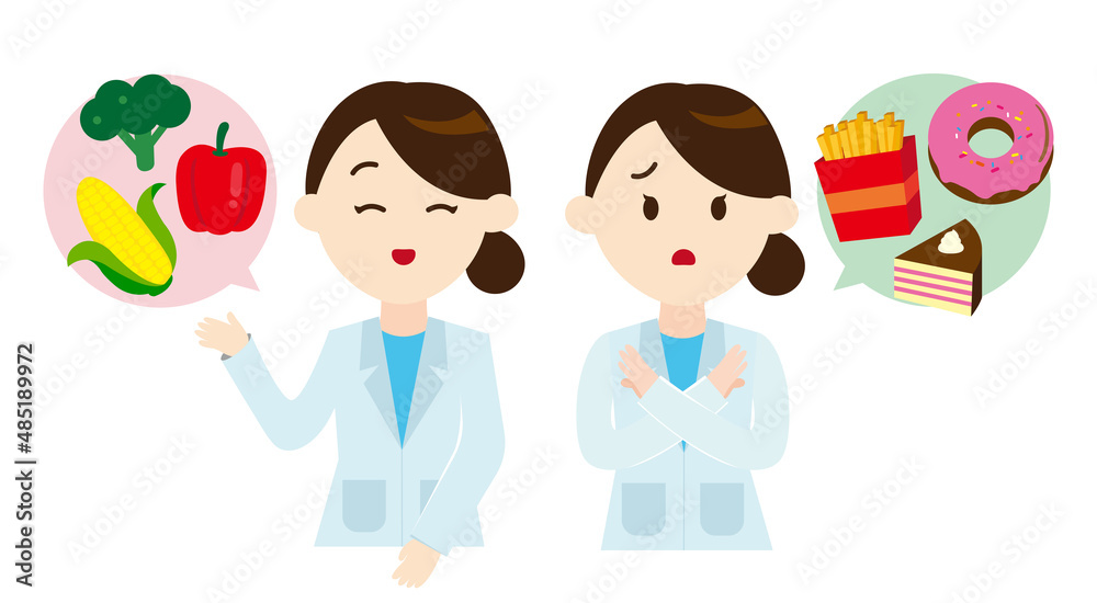 Nutritionist or dietician counselor doctor holds healthy and unhealthy food in hands illustration.
