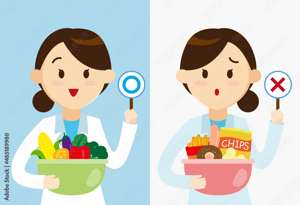 Nutritionist or dietician counselor doctor holds healthy and unhealthy food in hands illustration. Nutritionist or dietician counselor doctor holds healthy and unhealthy food in hands illustration.