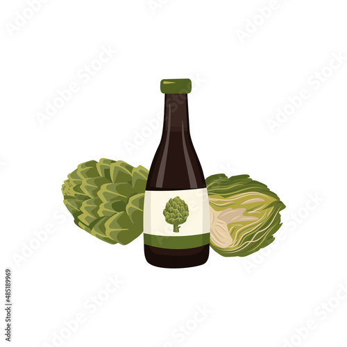 Bottle with drink from green artichoke. Medicinal liquid, preparation. Delicious and healthy food, an additive for cleansing body. Vector flat illustration