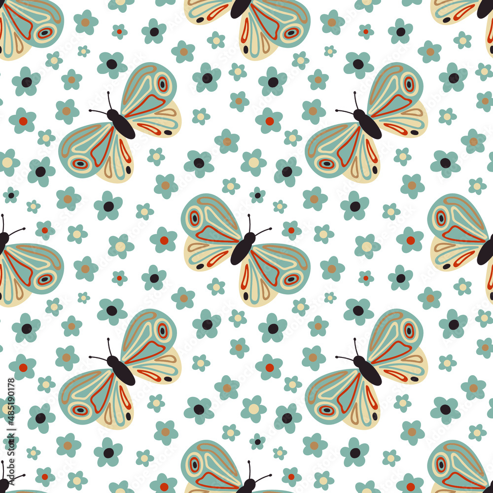 Seamless pattern with cute butterflies and pretty flowers.