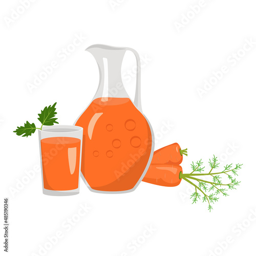 Jug and glass with orange carrot juice, vegetable with parsley leaf. Delicious healthy drink and product. Vector flat illustration of food