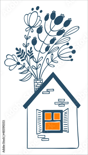 Cozy house with flowers. The cute house drew in ink doodle style. Hand drew vector illustration.