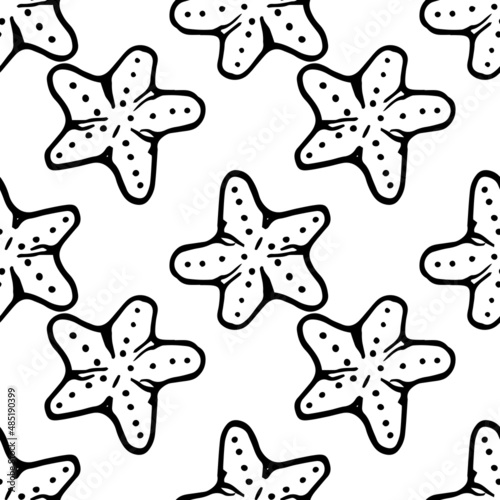starfish pattern with dots. seamless starfish pattern with dot pattern in doodle summer style simple repeating pattern, isolated black outline