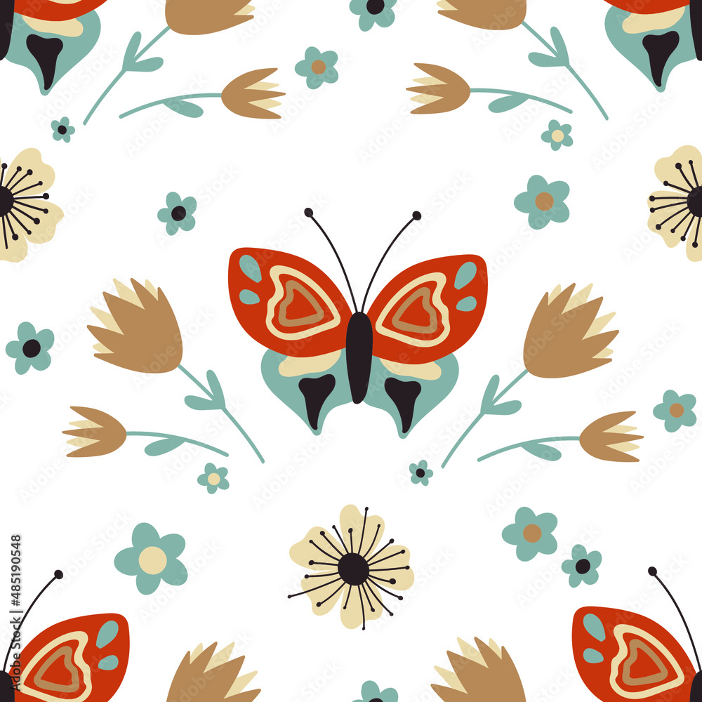 Obraz premium Lovely butterflies and fancy flowers. Floral seamless pattern.