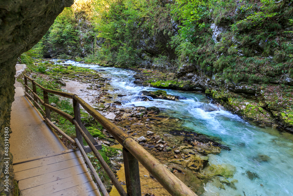 Pathway through Vintgar Gorge, Radnova River crosses this majestic Gorge, Slovenia Pathway through Vintgar Gorge, Radnova River crosses this majestic Gorge, Slovenia