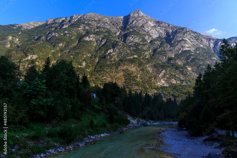 morning hours near the Kamp Soča, the River Soča is flowing slowly, Slovenian Alps