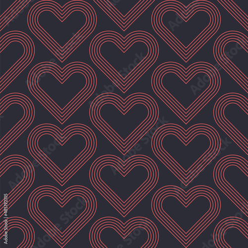 Valentine's Day Background Vector Linear Modern Red Hearts Seamless Pattern Abstract Retro Wallpaper. Outline Heart Graphic Love Symbol Repetitive Subtle Texture. Tessellated Art Illustration