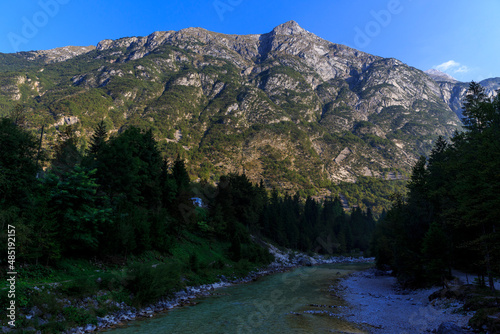 morning hours near the Kamp Soča, the River Soča is flowing slowly, Slovenian Alps