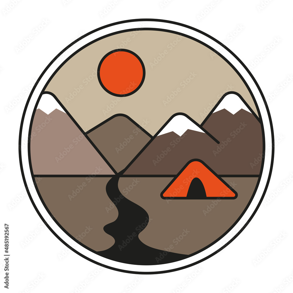 Outdoor emblem with mountains, river and tent. Unusual hipster style patch. Line style vector active leisure, travel, tourism. For t-shirt prints, posters and other uses. Outdoor emblem with mountains, river and tent. Unusual hipster style patch. Line style vector active leisure, travel, tourism. For t-shirt prints, posters and other uses.