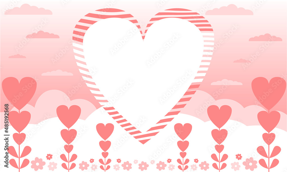 Romantic background in a flat style in pink colors. Consists of plants in the form of hearts.
In the middle of the heart is where there is free space for your text.
