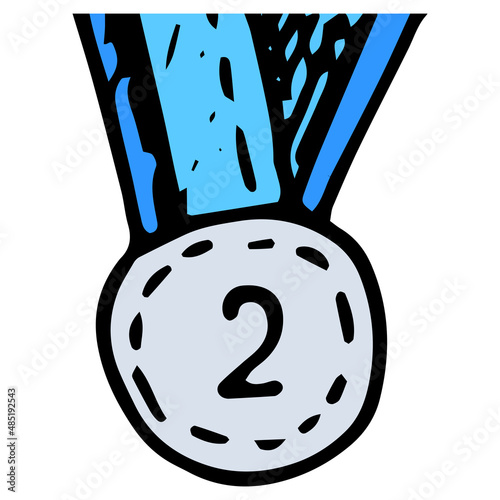 a silver medal badge with a blue ribbon for second place. a round medal in the style of doodles for the second place in gray, round shape with the number 2 on a blue ribbon, an isolated element on a w