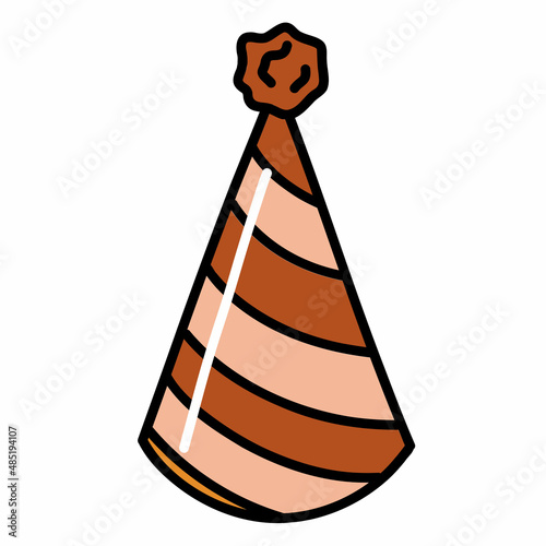 Festive triangular striped birthday cap with pompom. Hand drawn vector illustration in doodle style. Isolated element on a transparent background