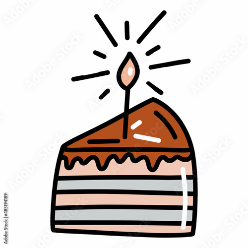 A piece of birthday cake, pie with a candle. Hand drawn vector illustration in doodle style. Isolated element on a transparent background