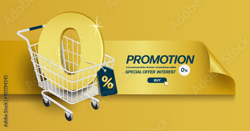 Text 0 gold 3d in shopping cart and has a % sign hanging and all object floated and in front of the golden ribbon for promotions to reduce fees and taxes,vector 3d isolated for advertising business