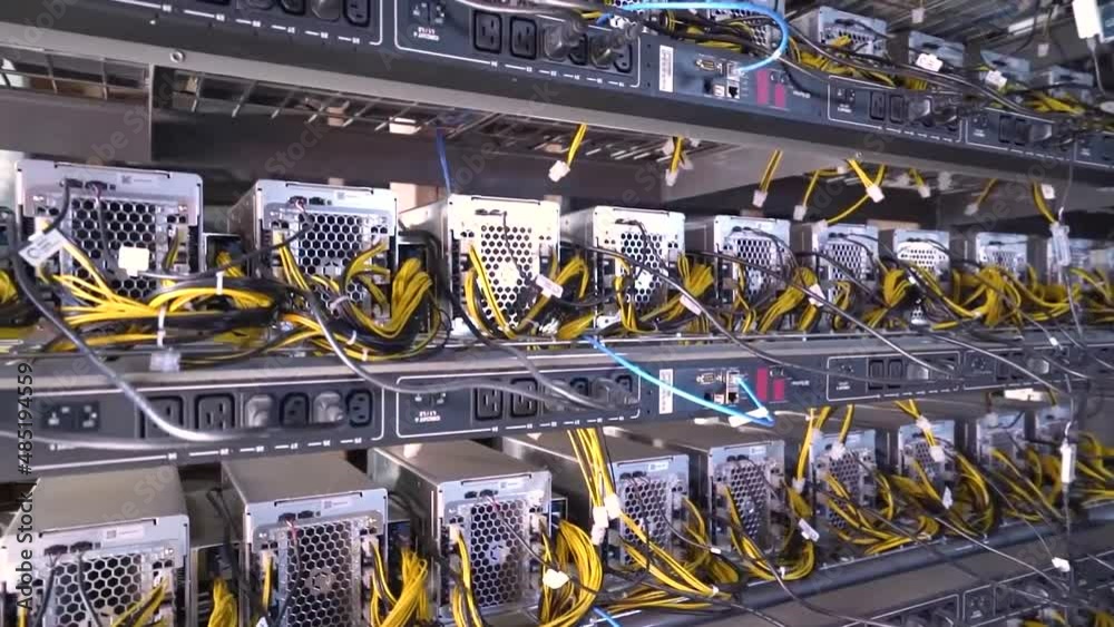 Close Up of Servers Racks With GPU For Bitcoin Mining.