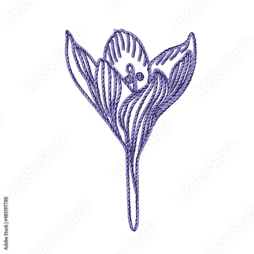 Crocus flower imitation of very peri colors of mouline thread embroidery design element on white background design element. Concept of beauty, spring time and hand craft.