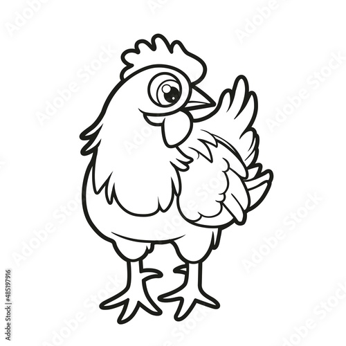 Cute cartoon hen outlined for coloring page on white background