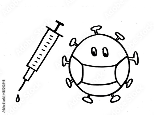  illustration of coronavirus in a protective mask and syringe. drawing on a white background. photo
