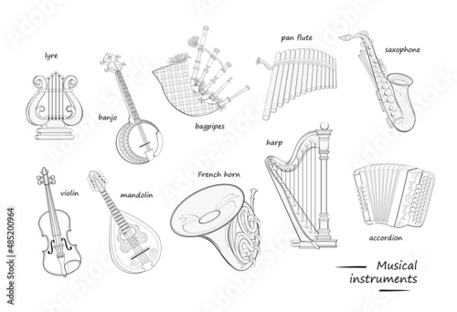 Musical instruments with names. Coloring book. Set of black and white illustrations for encyclopedia or for kids school textbook. Educational page for children to study English. Online education.