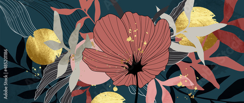 Luxury floral and botanical in line art style background. Minimal dark tone wallpaper with tropical flowers, leaves, branch and circle sun. Golden brush vector for banner, prints, covers.