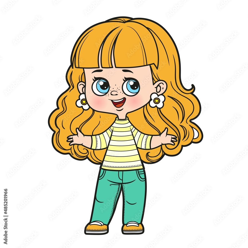 Cute cartoon girl with wavy hair stands with her arms outstretched color variation for coloring page on white background Cute cartoon girl with wavy hair stands with her arms outstretched color variation for coloring page on white background