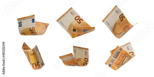 Flying 50 euro cash banknotes isolated on white background
