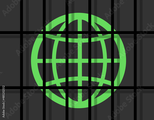 Internet symbol is behind the bars - restriction and regulation of online connection. Web, net and cyberspace are controlled, restricted and regulated by barrier, block, ban. Vector illustration.
