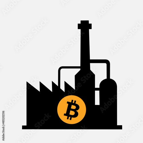 Cryptomining - industrial factory, plant and power house for mining and production of crypto currency and Bitcoin. Vector illustration isolated on black.