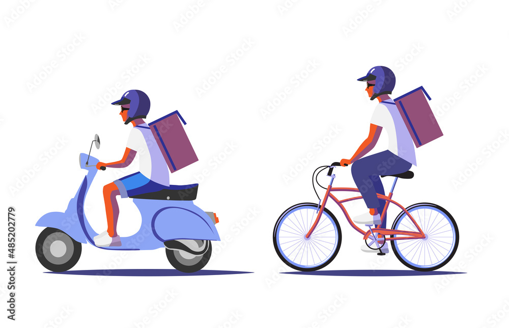 Two couriers riding a scooter and a bicycle isolated vector illustration Two couriers riding a scooter and a bicycle isolated vector illustration