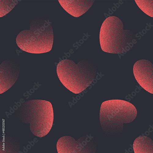 Vector Dotted Classic Hearts Vintage Seamless Pattern Valentine's Day Red Black Background Abstract Romantic Art Wallpaper. Stipple Effect Graphic Heart Love Symbol Repetitive Wrapping Paper Texture