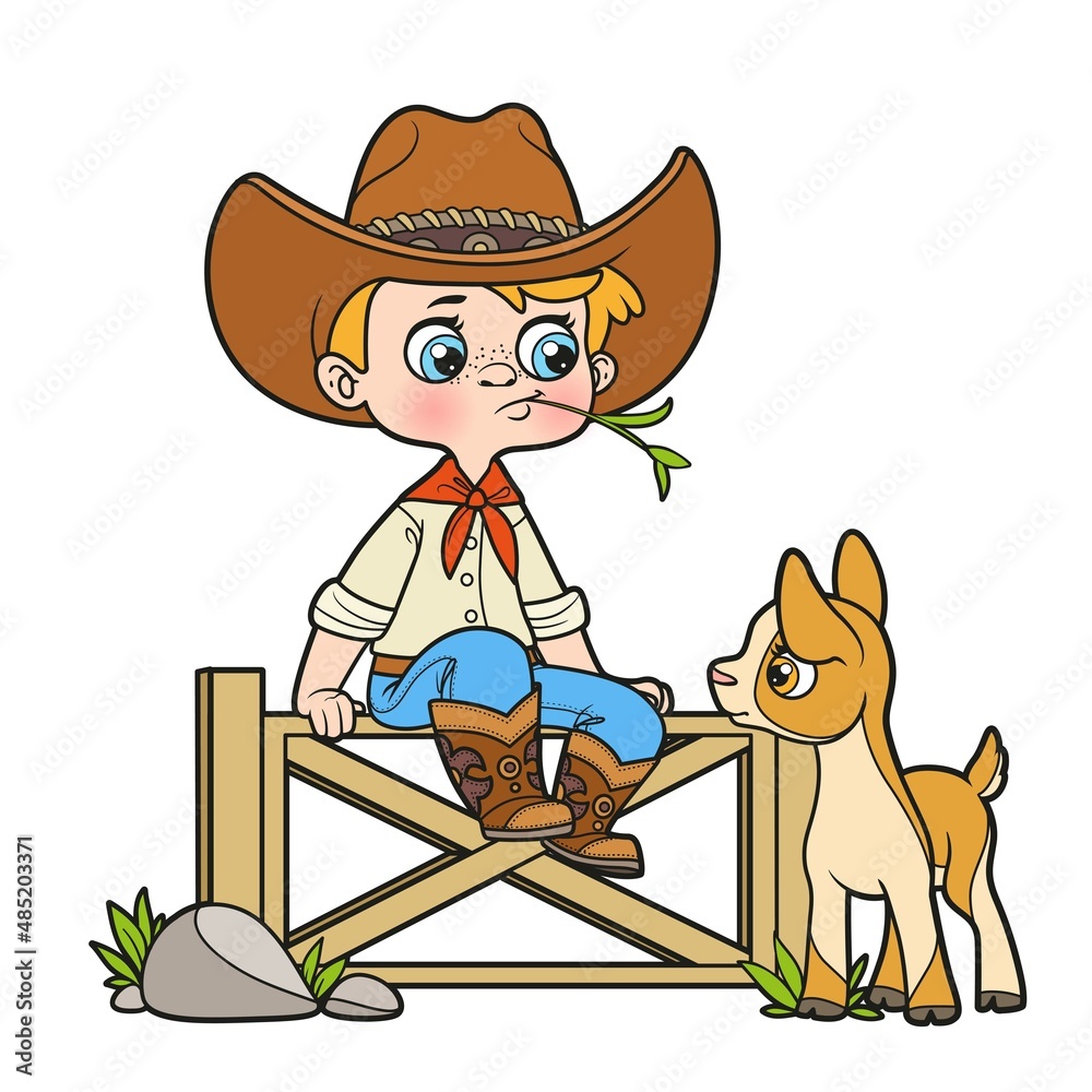 Cute cartoon boy cowboy in hat sits on the fence and looks at the goat  nearby color variation for coloring page on white background Stock Vector |  Adobe Stock