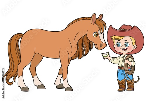 Cute cartoon boy cowboy in hat holding lasso feed the horse an apple color variation for coloring page on white background