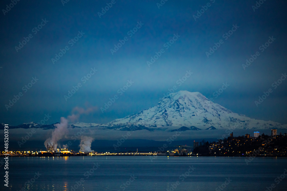 Tahoma (Mt Rainier) At Night Over Commencement Bay And Tacoma
