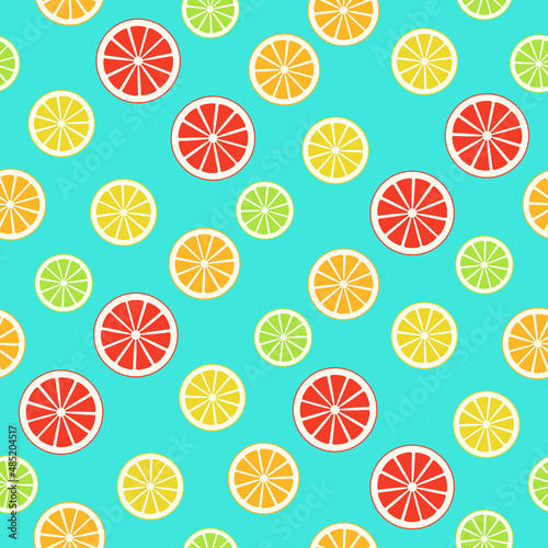 Citrus variety seamless pattern. Bright wallpaper texture with orange, lemon, lime, grapefruit. Sweet juicy background