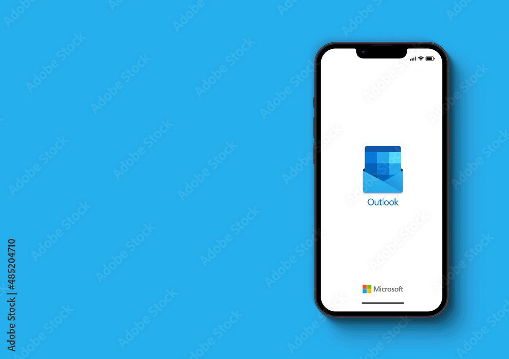 Microsoft Outlook app on the smartphone iPhone 13 screen. Blue background.  Rio de Janeiro, RJ, Brazil. February 2022 Photos | Adobe Stock