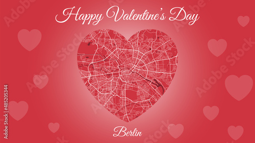 Happy Valentine's day horizontal holiday card with Berlin map in heart shape. Romantic city travel cityscape. Red color vector illustration.
