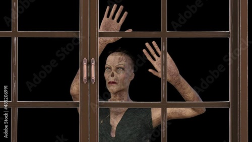 zombie woman knocking on the window , animation photo