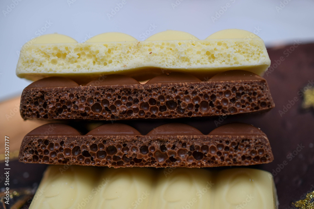 porous chocolate, white and milk porous chocolate, white and milk