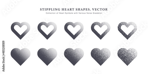 Vector Collection of Heart Symbols with Various Noise Gradation Isolated On White Background. Different Dotted Stipple Modern Hearts Shapes Graphic Love And Health Symbol Design Elements Set