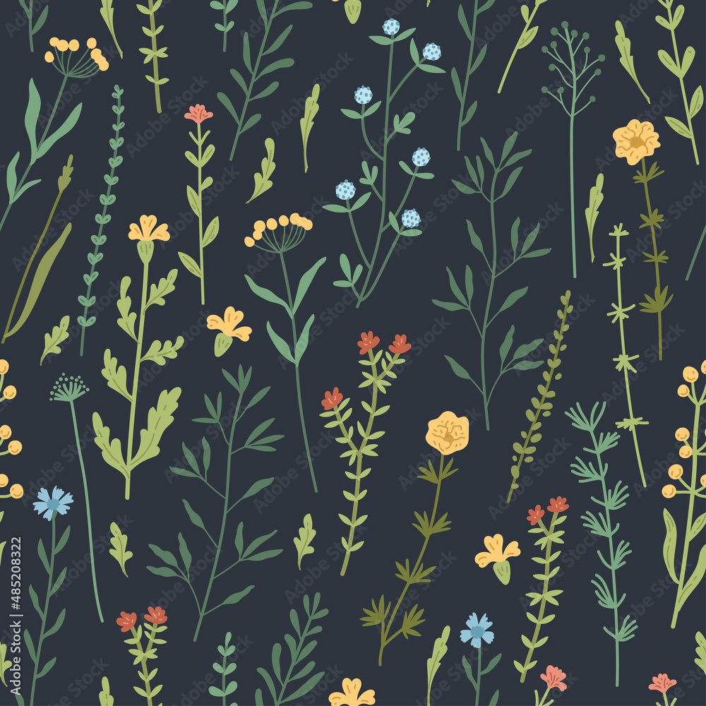 Obraz premium Seamless floral pattern with hand drawn plants, leaves, wild flowers. Perfect for fabric design, wallpaper, apparel. Vector illustration. Collection of wild meadow herbs, flowering flowers