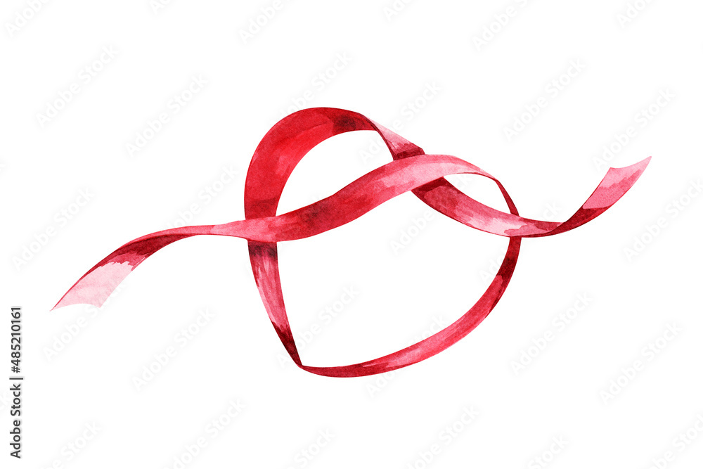 Watercolor illustration, red ribbon in the heart. Watercolor illustration, red ribbon in the heart.