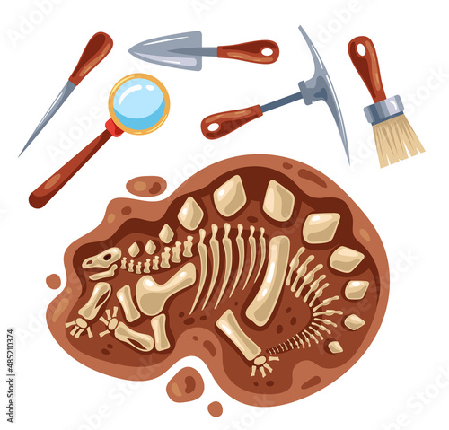 Dinosaur stegosaurus skeleton fossil excavations tools isolated set. Vector flat graphic design illustration