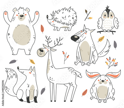Fototapeta Naklejka Na Ścianę i Meble -  Hand drawn line art forest animals characters isolated set. Vector flat graphic design illustration
