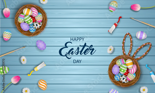 Happy easter poster with colorful eggs, flowers and tempera tubes on wooden background