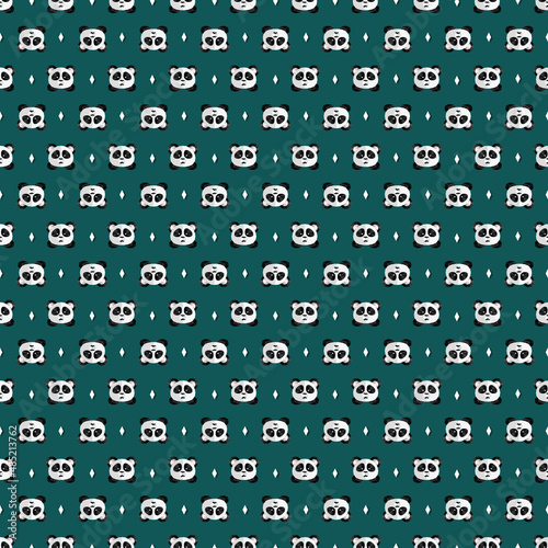 Tiny pandas made of polygons with diamonds on dark green. Vector illustration. Seamless pattern for decor, fabric or background texture.