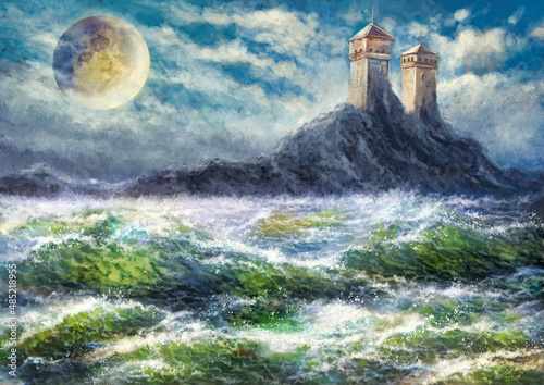 Oil paintings landscape, castle in the night, castle in the moonlight. Sea landscape, fine art