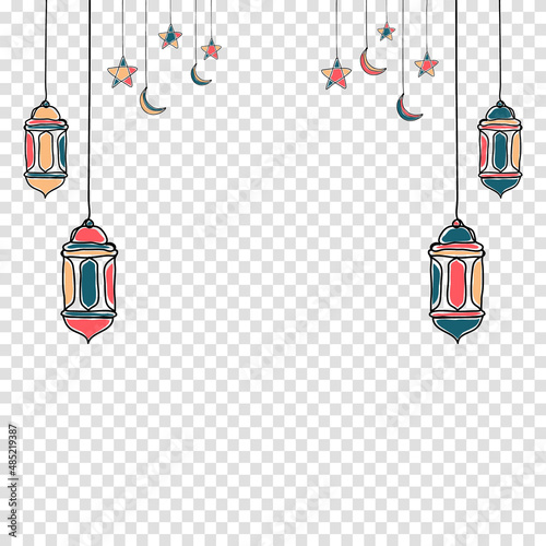 Decorative template design for ramadan with stars, moon, and lantern. Hand drawn ramadan kareem with lantern. Vector illustration