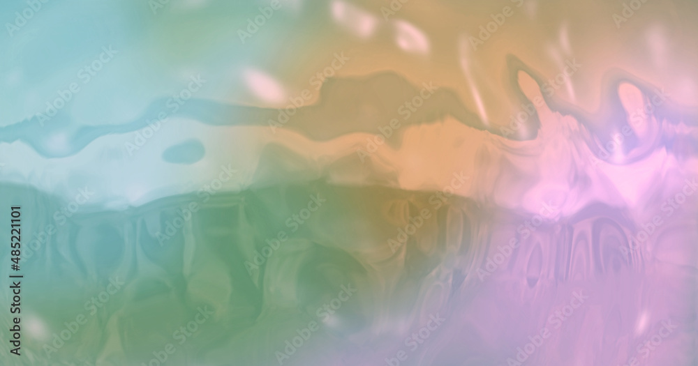 Blurry, soft, abstract colorful background. Wet effect on opal glass plate colored with soft colors: pink, green, light blue and orange.
